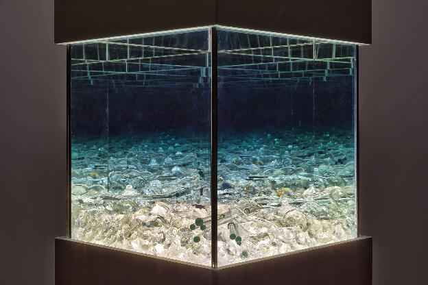 Decomposition Study 1 [detail], 2013, half-silver mirror, chandelier crystals, LED lighting array, custom plinth, 25 x 25 x 305 cm