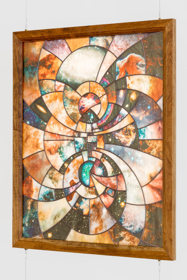 The Light of Their Eyes (bipolar coordinates), 2016 [detail], UV print on cathedral glass, cherry & plywood frame, theatrical Fresnel, dimensions variable
