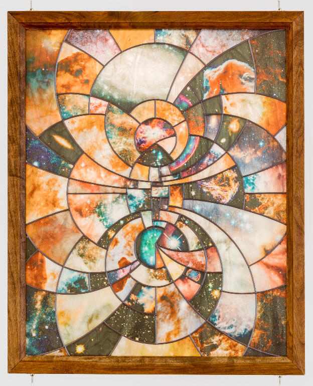 The Light of Their Eyes (bipolar coordinates), 2016 [detail], UV print on cathedral glass, cherry & plywood frame, theatrical Fresnel, dimensions variable (framed element: 22 x 27.5