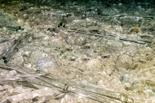 Decomposition Study 1 [detail], 2013, half-silver mirror, chandelier crystals, LED lighting array, custom plinth, 25 x 25 x 305 cm