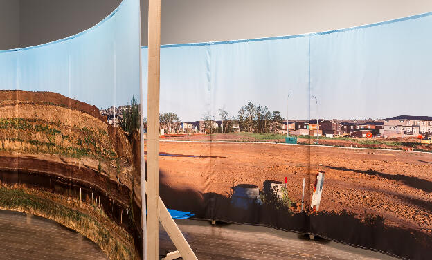 Transient Architectures for New Tomorrows no. 7: Cyclorama, 2017, microfibre, sandbags, custom wood and steel supports, fan, sandbags, 13.7 x 2.45m; installation view, Art Gallery of Alberta, RBC New Works Gallery, 2017
