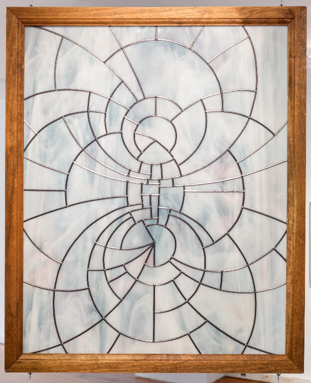 The Light of Their Eyes (bipolar coordinates), 2016 [detail], UV print on cathedral glass, cherry & plywood frame, theatrical Fresnel, dimensions variable (framed element: 22 x 27.5